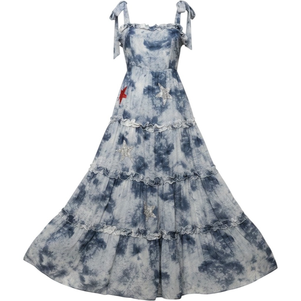 Judith March Tie Dye Tiered Maxi Dress Blue White Rhinestone Stars Small